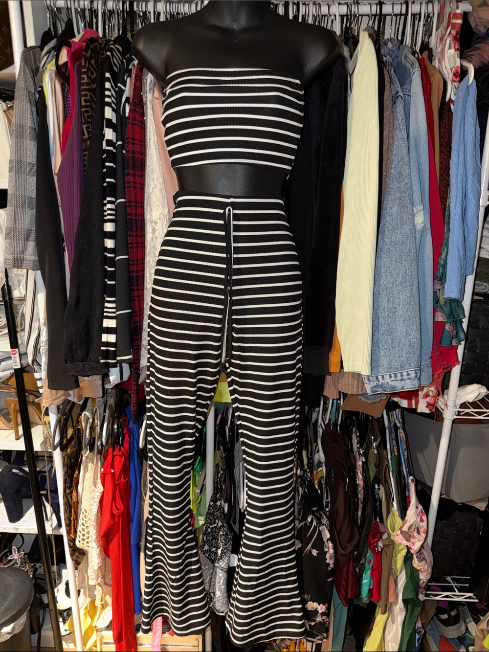 PrettyLittleThing Black & White Striped Tube Jumpsuit
